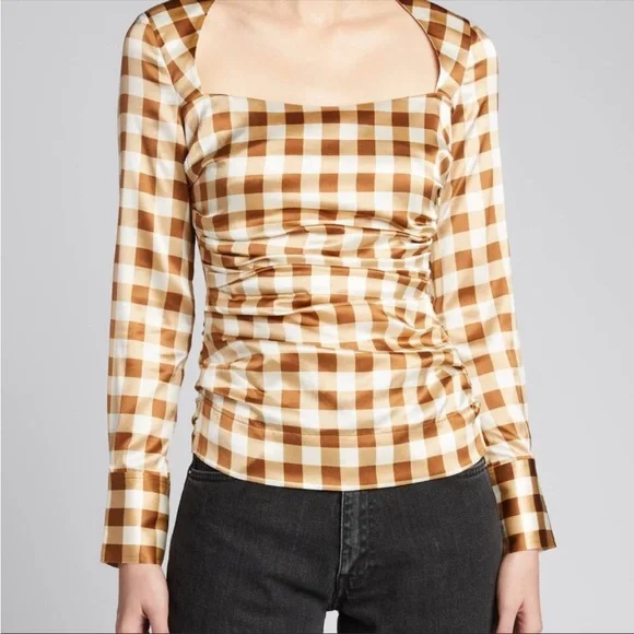 GANNI Silk Check Draped Blouse 10 - Picture 2 of 10